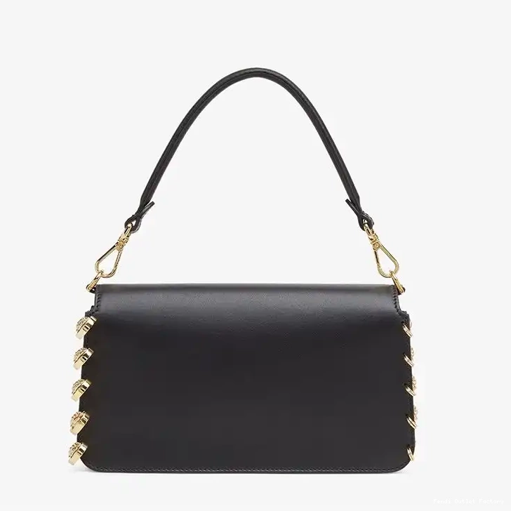 Vintage HOT Black In Brooches Medium Baguette Leather Bag with Fendi Pin Fendace Calf 0327